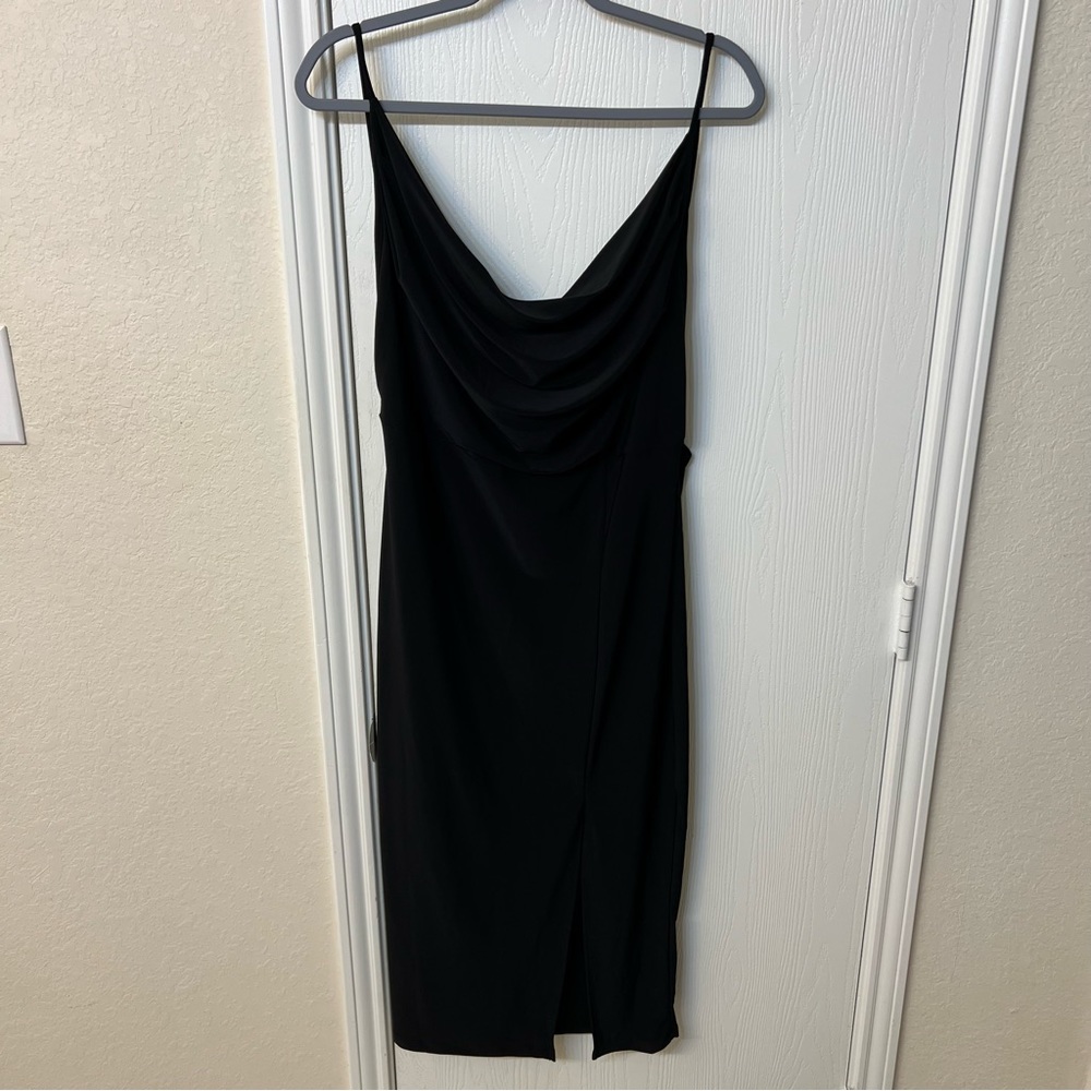 E.L.H. Studio Backless Maxi Slit Black Stretch Slip Dress, Cowl Neckline, XL